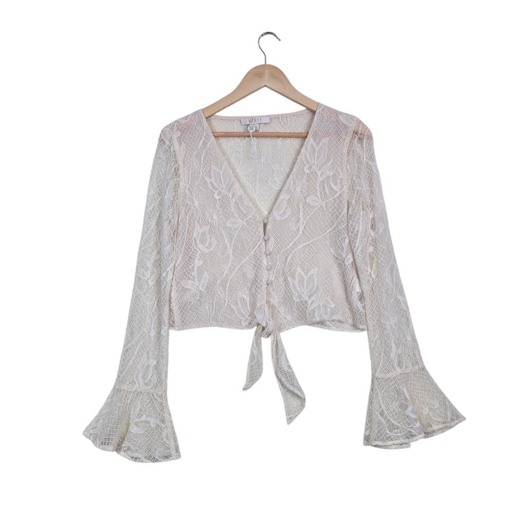 Wayf Piacenza Floral Lace Bell Sleeve Tie Front Crop Top Blouse Boho Festival